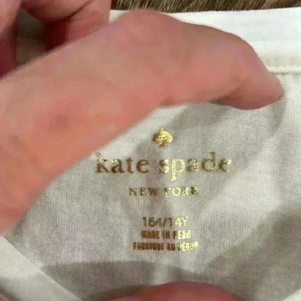 Kate Spade Tickled Pink Tee Girls size 14Y. White with pink glitter letters - Picture 2 of 11